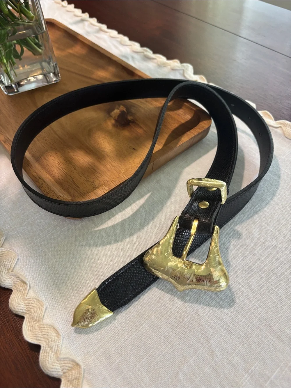 Vintage 80s CIA Accessories black textured leather belt gold hardware size M